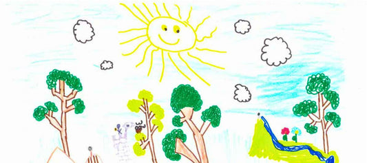 Ein gemaltes Bild des achtjährigen Salvatore, der sich zur Kommunion über einen GeschenkBaum freut. Es zeigt u.a. Bäume in Panama, eine Sonne und ihn selbst.