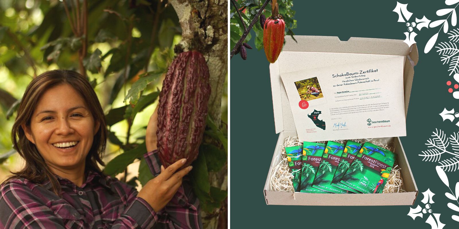 Marisol ist unsere Projektleiterin in Peru (links im Bild). Eine Kakaobaumpatenschaft mit personalisiertem Zertifikat und 5 Tafeln fairer Schokolade aus eigenem Anbau ist das perfekte nachhaltige Weihnachtsgeschenk!